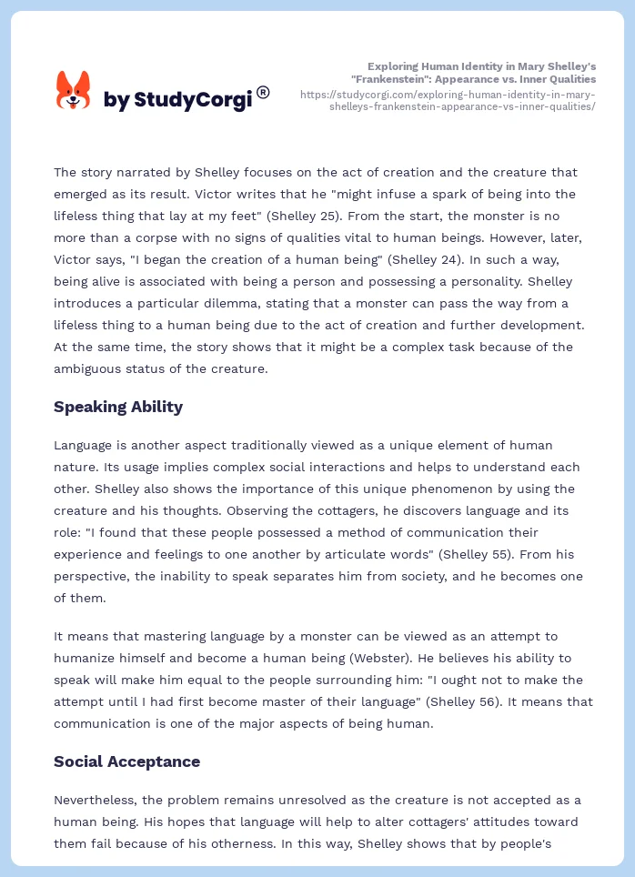 Exploring Human Identity in Mary Shelley's "Frankenstein": Appearance vs. Inner Qualities. Page 2