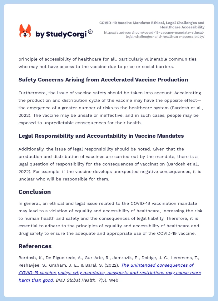 COVID-19 Vaccine Mandate: Ethical, Legal Challenges and Healthcare Accessibility. Page 2