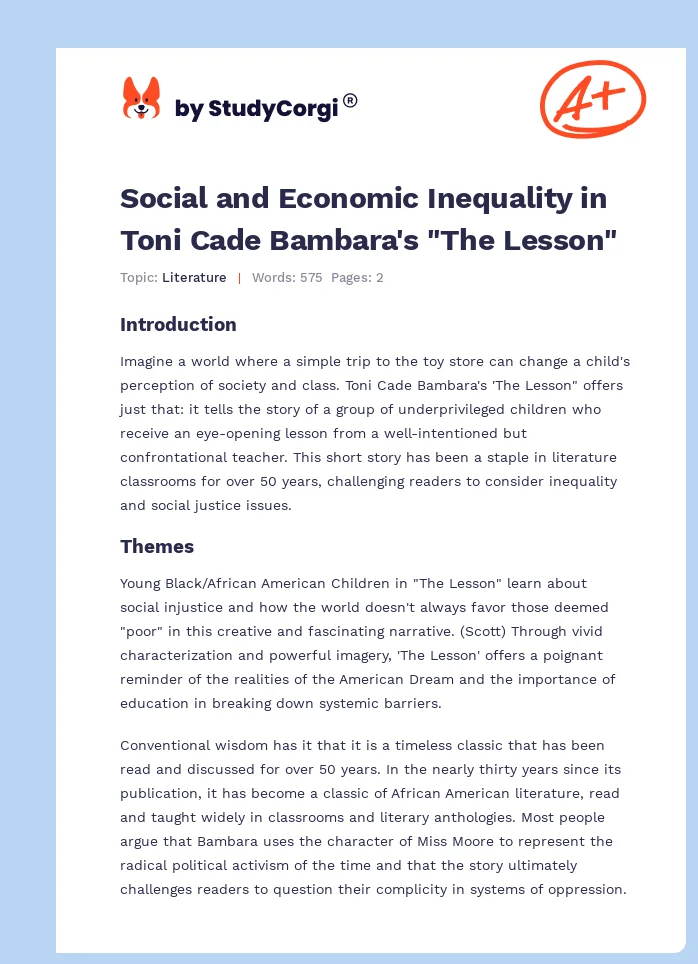 Social and Economic Inequality in Toni Cade Bambara's "The Lesson". Page 1