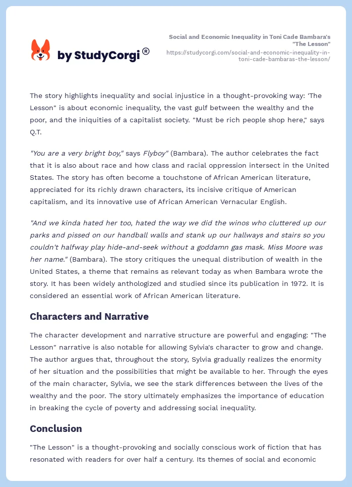 Social and Economic Inequality in Toni Cade Bambara's "The Lesson". Page 2