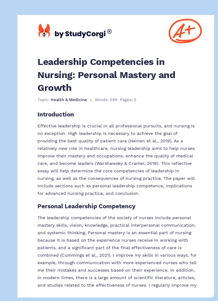 Leadership Competencies in Nursing: Personal Mastery and Growth. Page 1