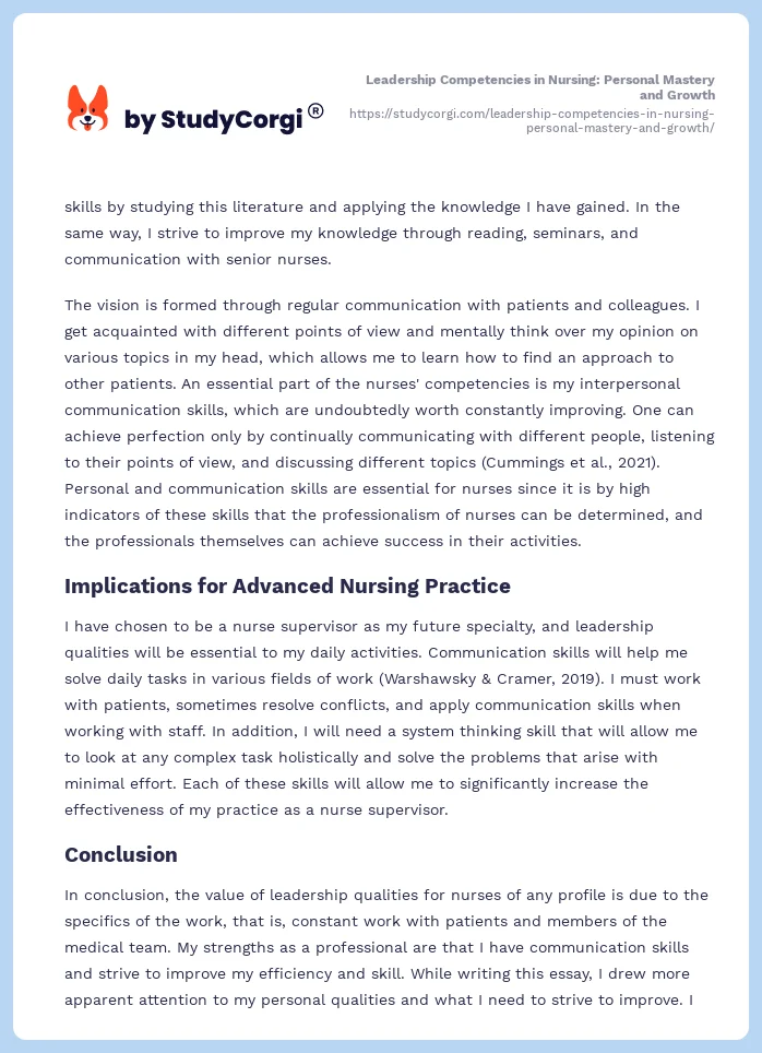 Leadership Competencies in Nursing: Personal Mastery and Growth. Page 2