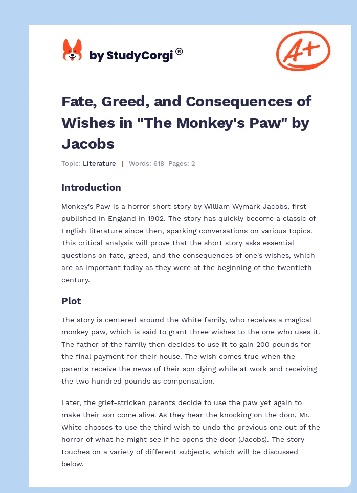 Fate, Greed, and Consequences of Wishes in "The Monkey's Paw" by Jacobs. Page 1