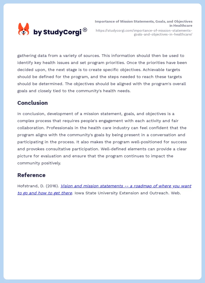 Importance of Mission Statements, Goals, and Objectives in Healthcare. Page 2