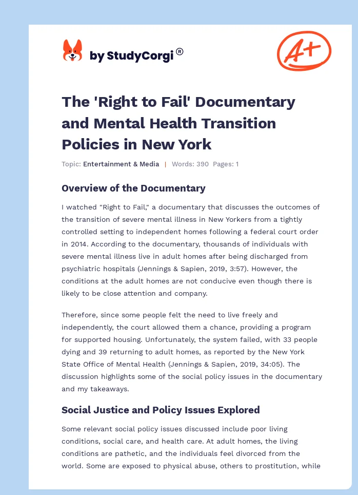 The 'Right to Fail' Documentary and Mental Health Transition Policies in New York. Page 1