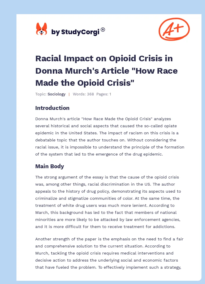 Racial Impact on Opioid Crisis in Donna Murch's Article "How Race Made the Opioid Crisis". Page 1