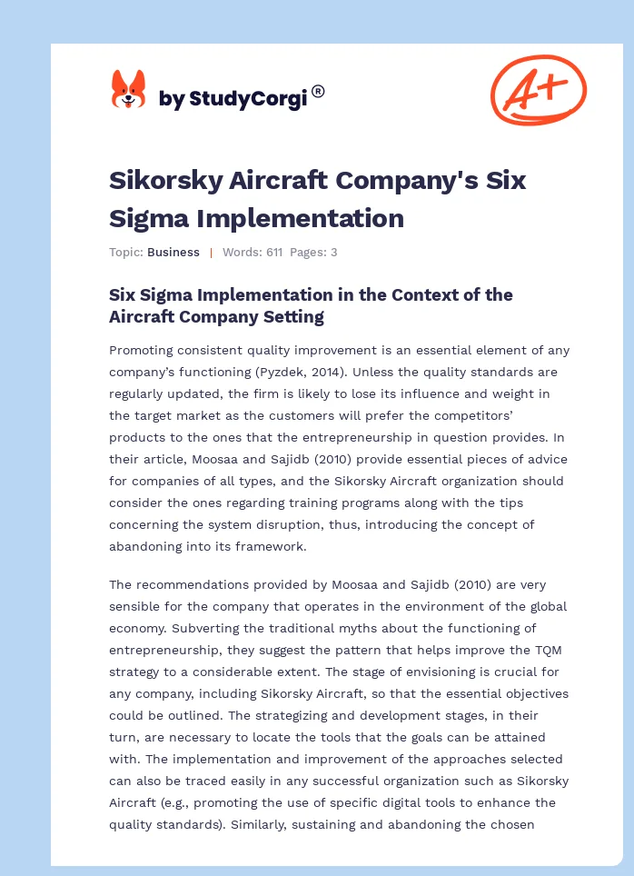 Sikorsky Aircraft Company's Six Sigma Implementation. Page 1