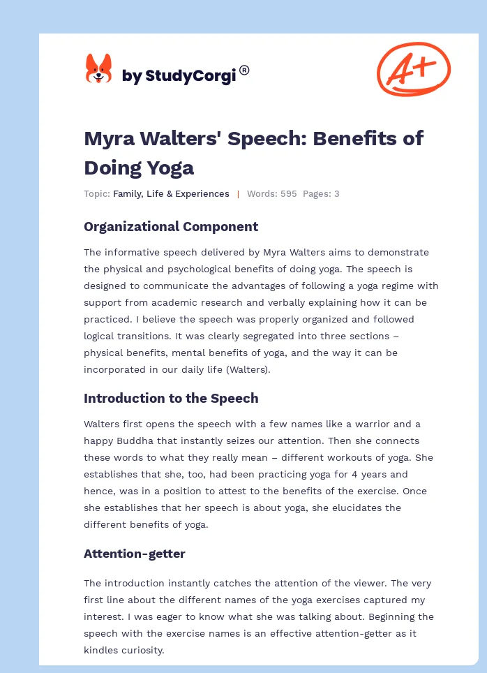 Myra Walters' Speech: Benefits of Doing Yoga. Page 1