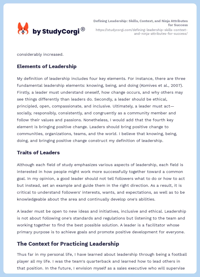 Defining Leadership: Skills, Context, and Ninja Attributes for Success. Page 2