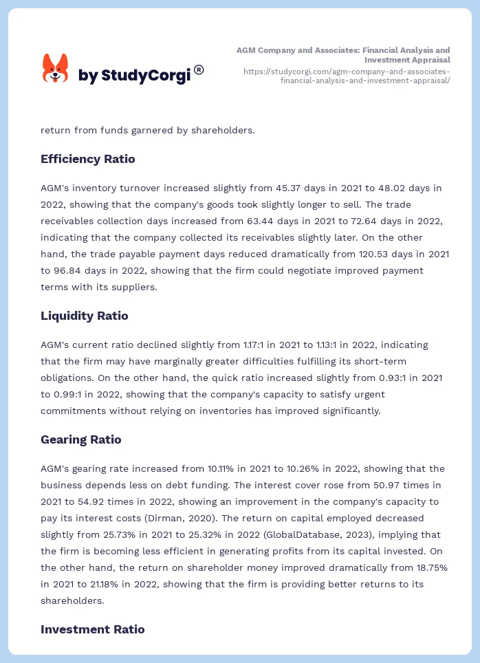 AGM Company and Associates: Financial Analysis and Investment Appraisal. Page 2