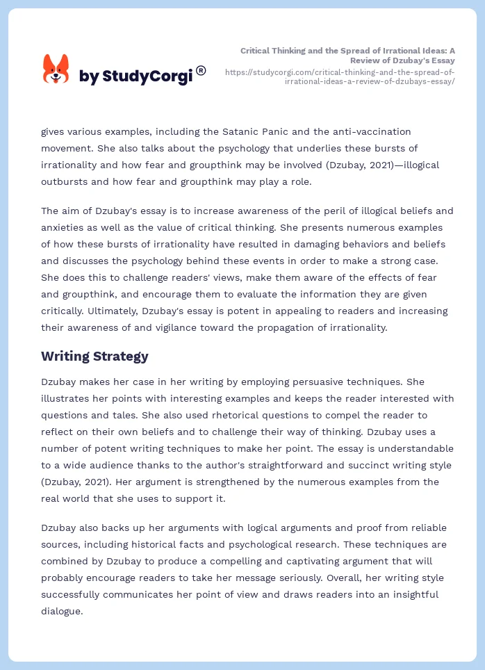 Critical Thinking and the Spread of Irrational Ideas: A Review of Dzubay's Essay. Page 2