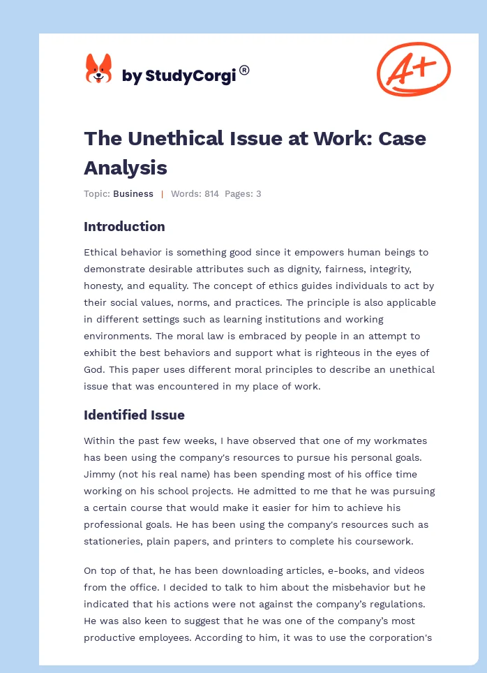 The Unethical Issue at Work: Case Analysis. Page 1