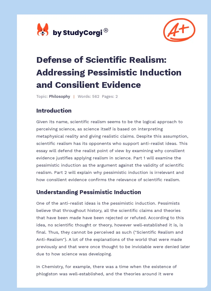 Defense of Scientific Realism: Addressing Pessimistic Induction and Consilient Evidence. Page 1