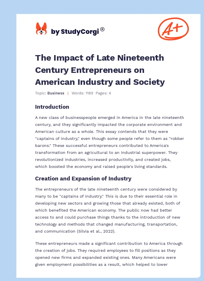 The Impact of Late Nineteenth Century Entrepreneurs on American Industry and Society. Page 1