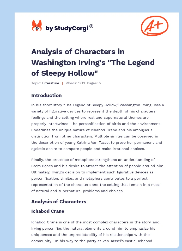 Analysis of Characters in Washington Irving's "The Legend of Sleepy Hollow". Page 1