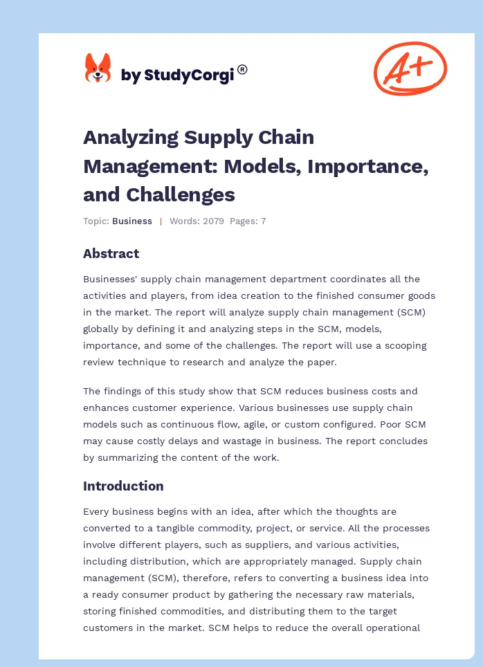 Analyzing Supply Chain Management: Models, Importance, and Challenges. Page 1