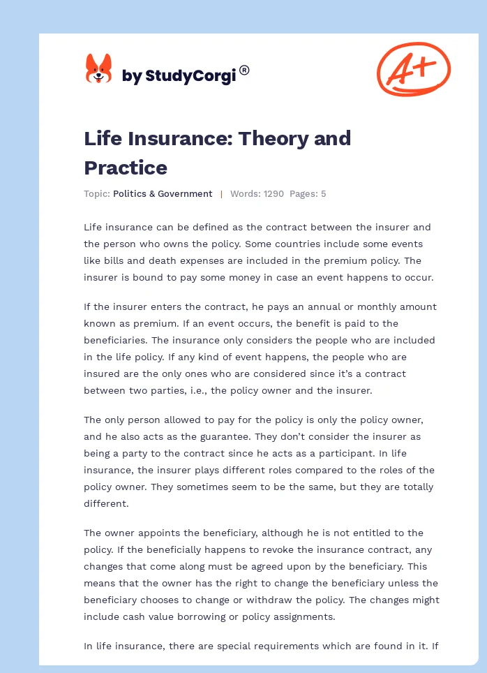 Life Insurance: Theory and Practice. Page 1