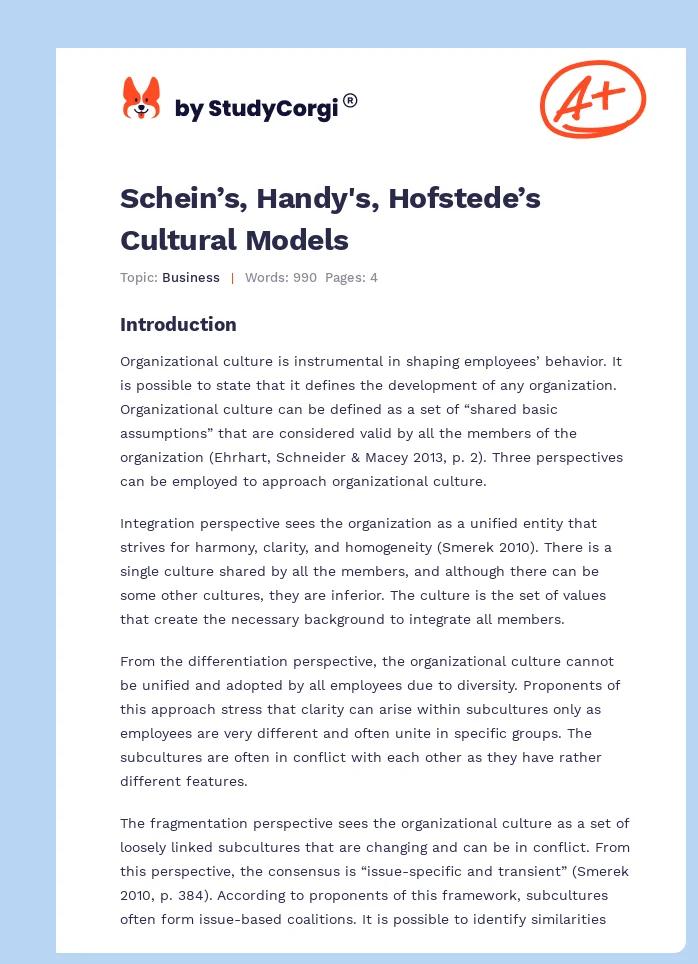 Schein’s, Handy's, Hofstede’s Cultural Models. Page 1