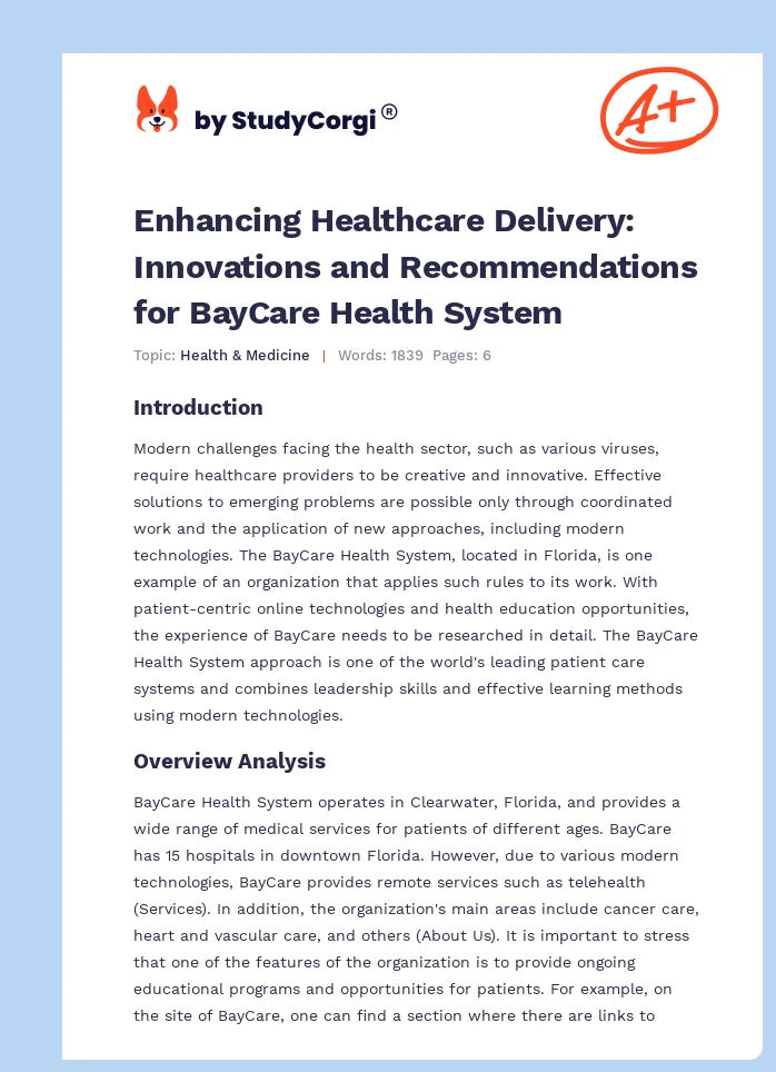 Enhancing Healthcare Delivery: Innovations and Recommendations for BayCare Health System. Page 1