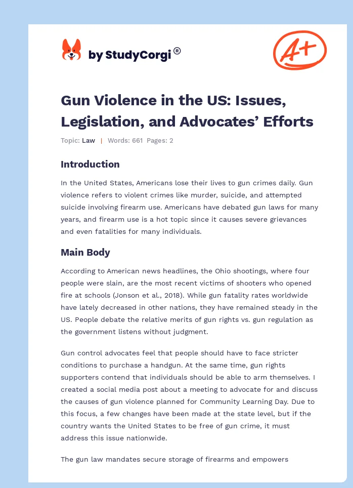 Gun Violence in the US: Issues, Legislation, and Advocates’ Efforts. Page 1