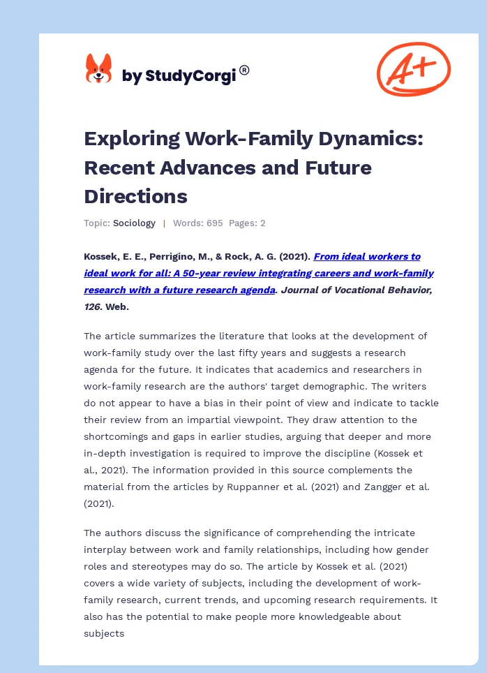 Exploring Work-Family Dynamics: Recent Advances and Future Directions. Page 1