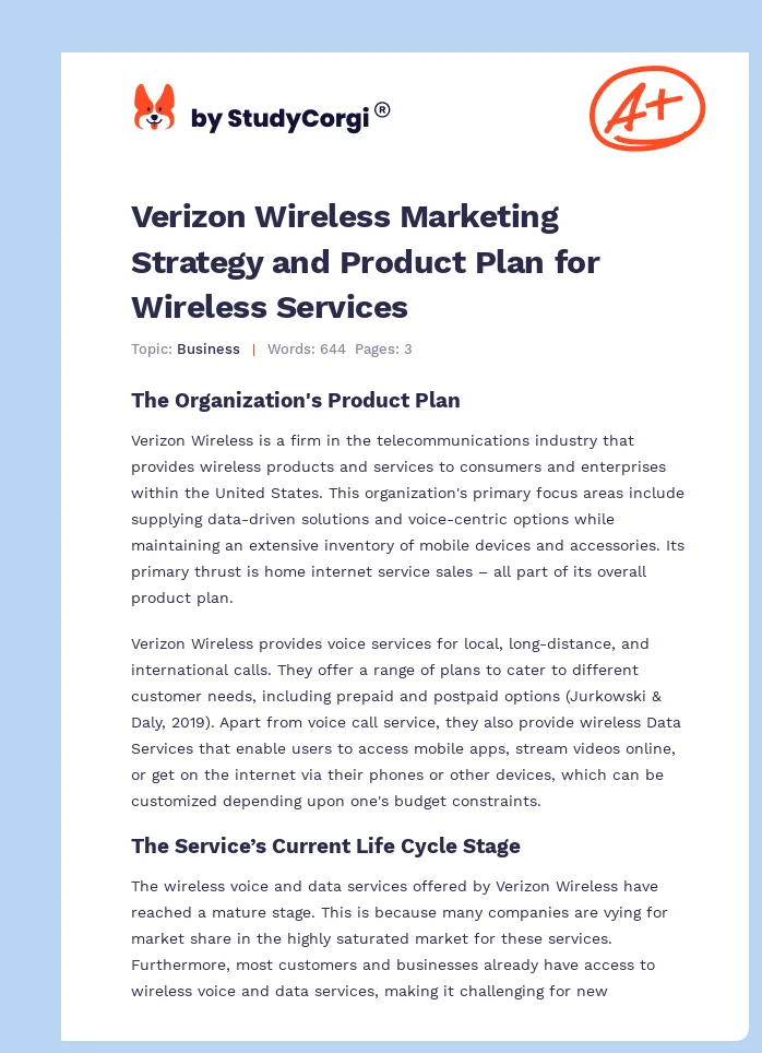 Verizon Wireless Marketing Strategy and Product Plan for Wireless Services. Page 1