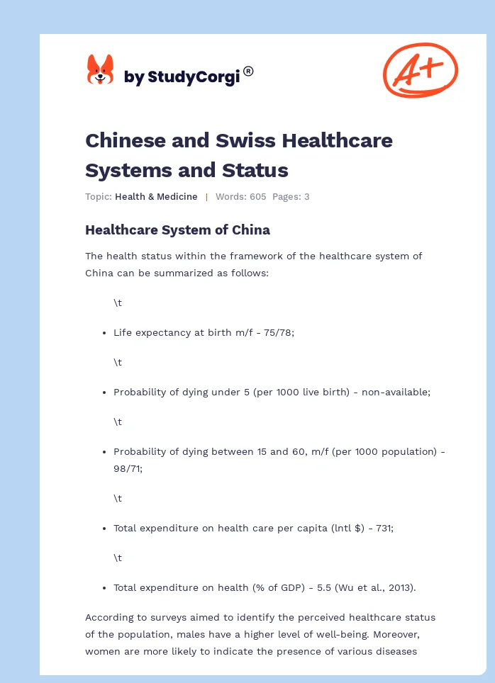 Chinese and Swiss Healthcare Systems and Status. Page 1