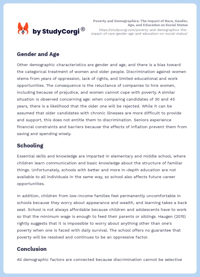 Poverty and Demographics: The Impact of Race, Gender, Age, and Education on Social Status. Page 2