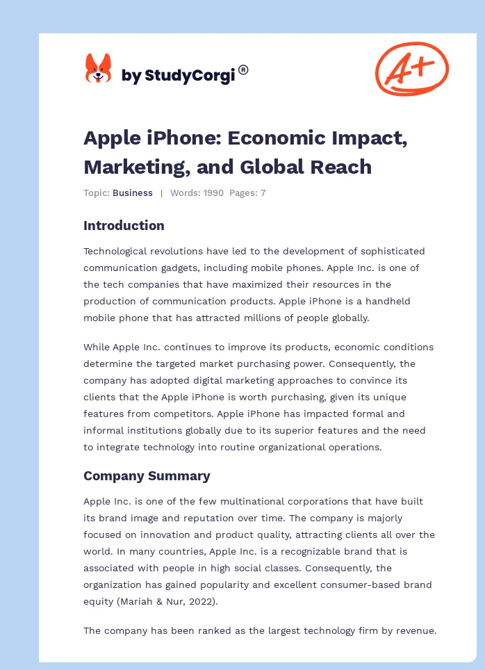 Apple iPhone: Economic Impact, Marketing, and Global Reach. Page 1