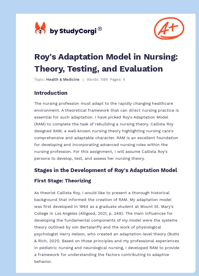 Roy's Adaptation Model in Nursing: Theory, Testing, and Evaluation. Page 1