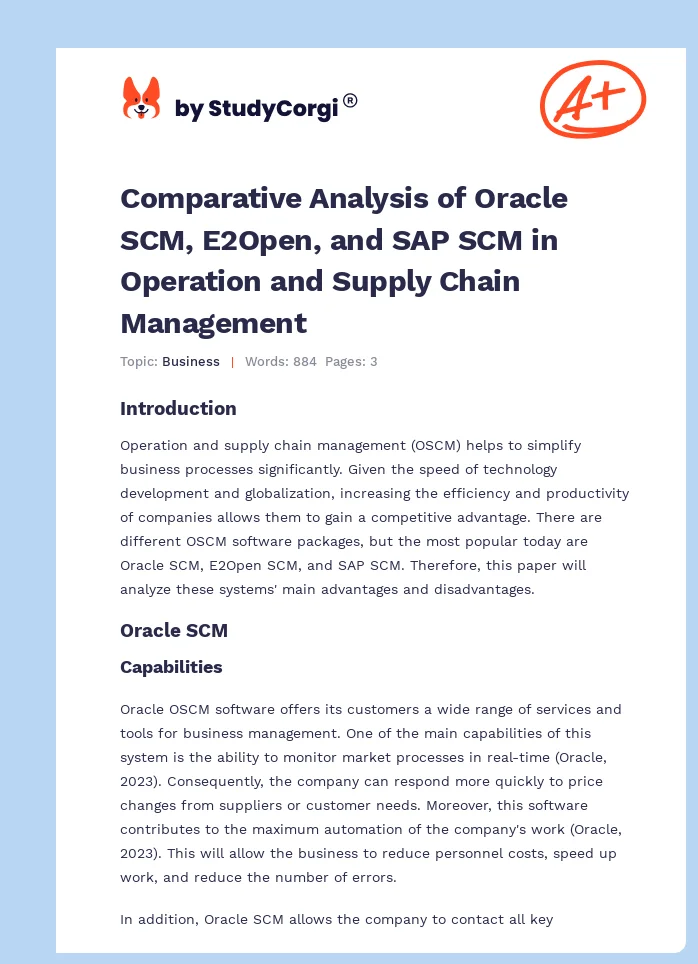 Comparative Analysis of Oracle SCM, E2Open, and SAP SCM in Operation and Supply Chain Management. Page 1