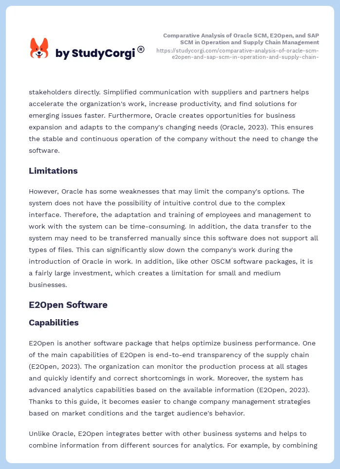 Comparative Analysis of Oracle SCM, E2Open, and SAP SCM in Operation and Supply Chain Management. Page 2