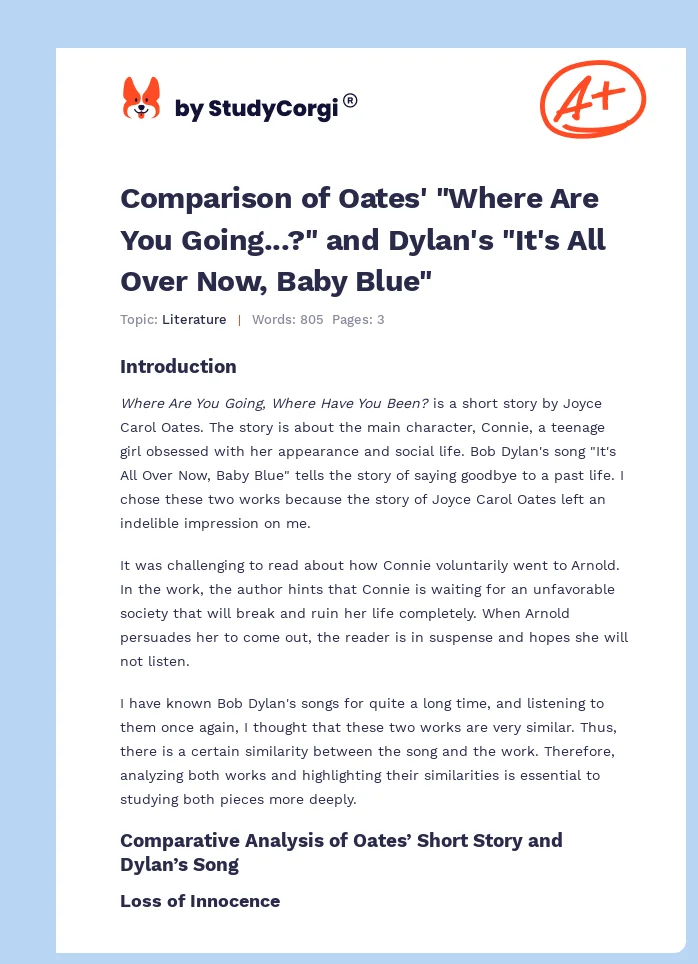 Comparison of Oates' "Where Are You Going...?" and Dylan's "It's All Over Now, Baby Blue". Page 1