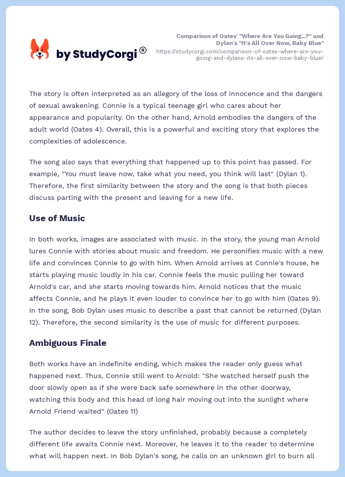 Comparison of Oates' "Where Are You Going...?" and Dylan's "It's All Over Now, Baby Blue". Page 2