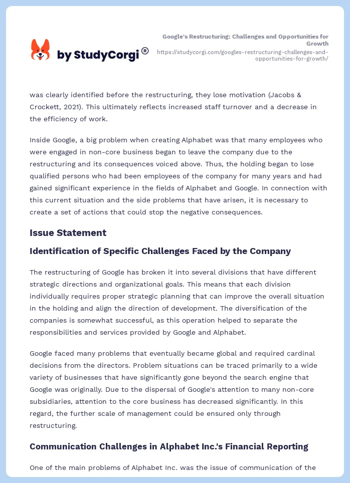 Google's Restructuring: Challenges and Opportunities for Growth. Page 2