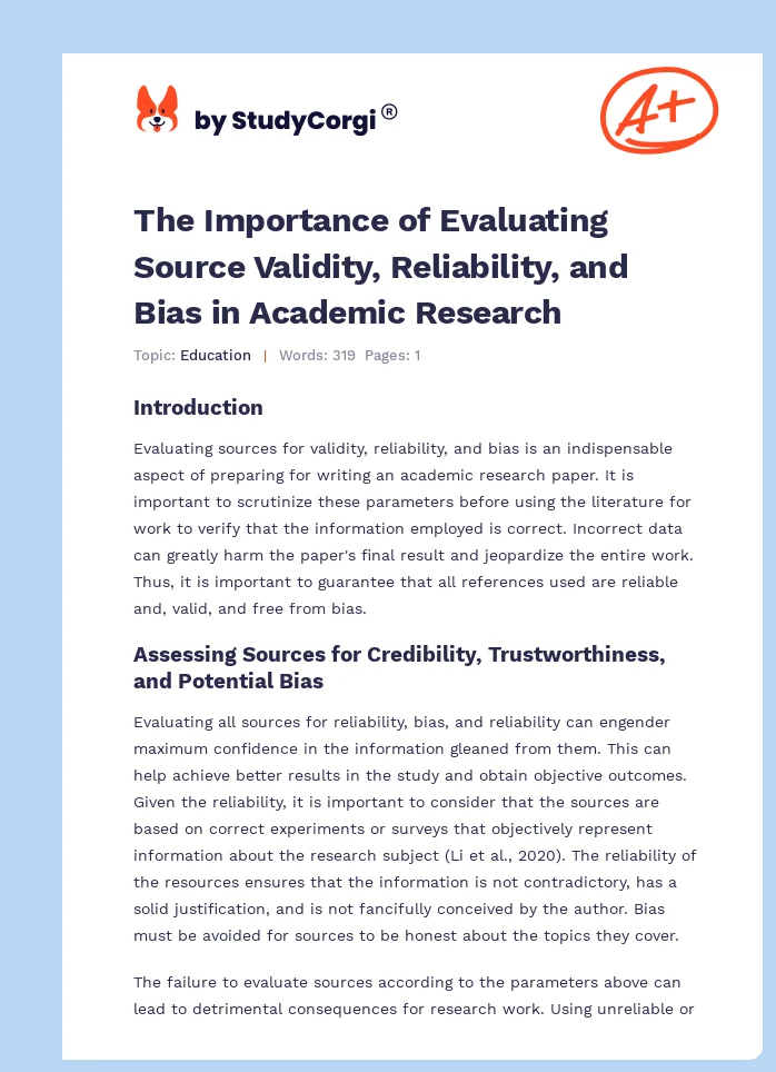 The Importance of Evaluating Source Validity, Reliability, and Bias in Academic Research. Page 1