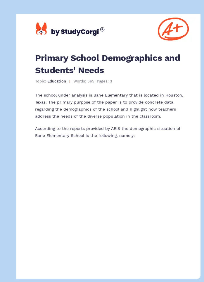 Primary School Demographics and Students' Needs. Page 1