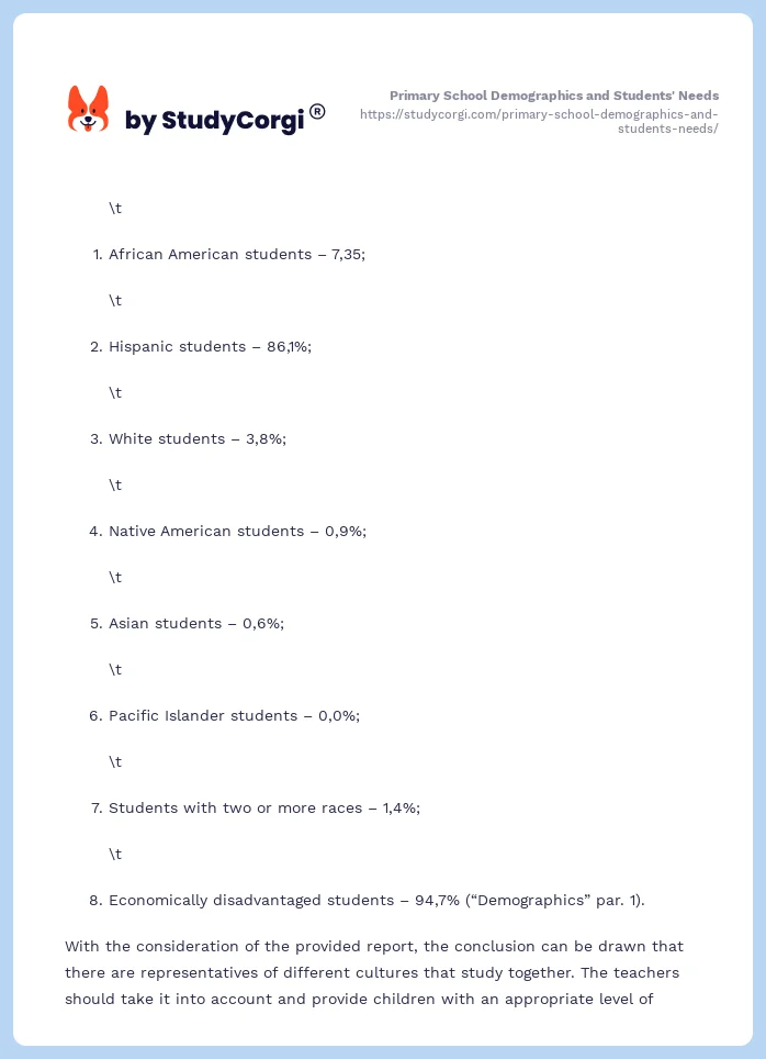 Primary School Demographics and Students' Needs. Page 2