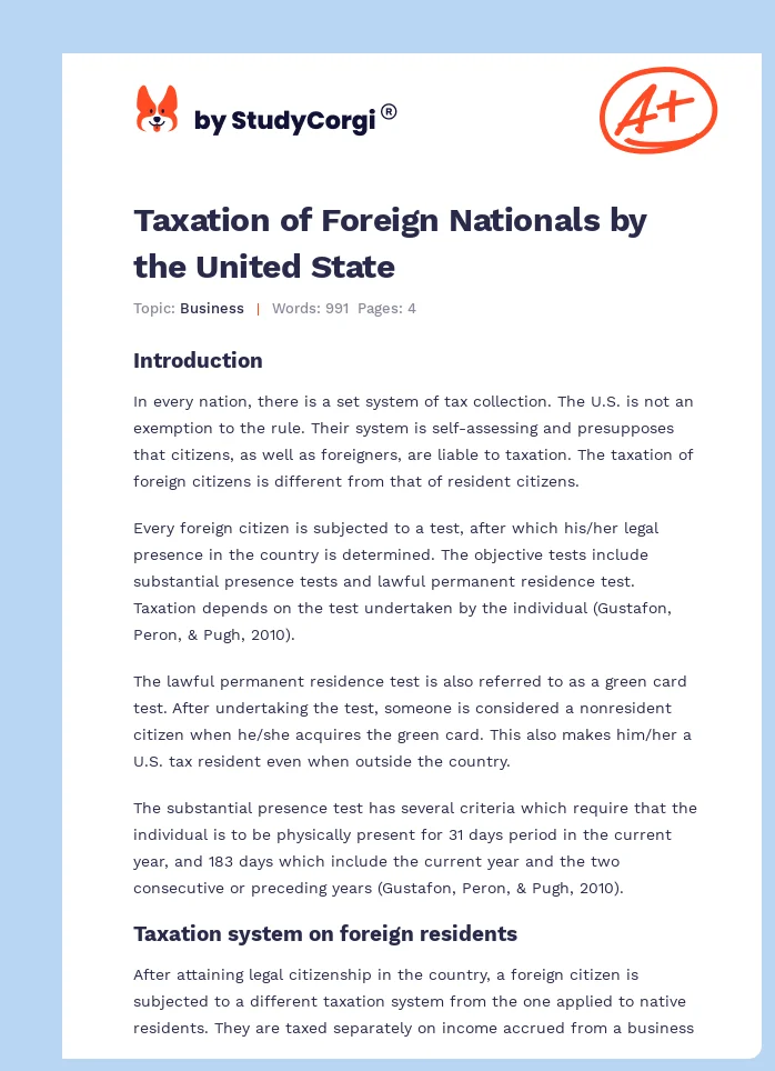Taxation of Foreign Nationals by the United State. Page 1