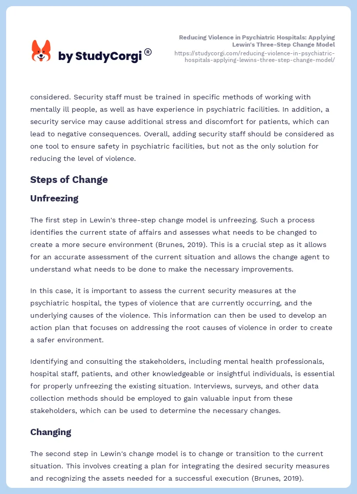 Reducing Violence in Psychiatric Hospitals: Applying Lewin's Three-Step Change Model. Page 2