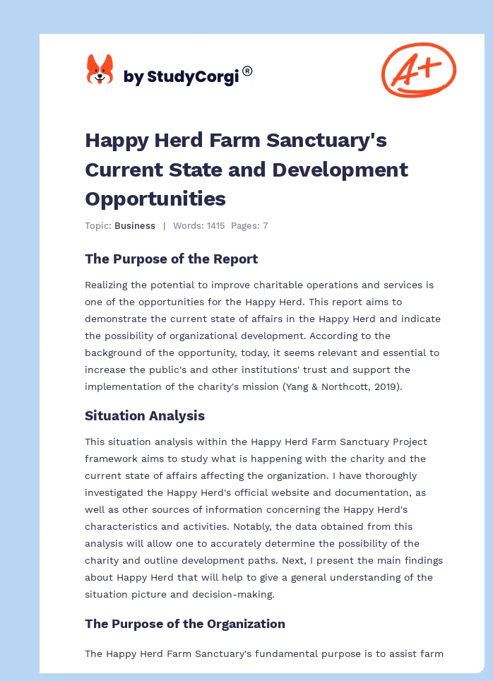 Happy Herd Farm Sanctuary's Current State and Development Opportunities. Page 1