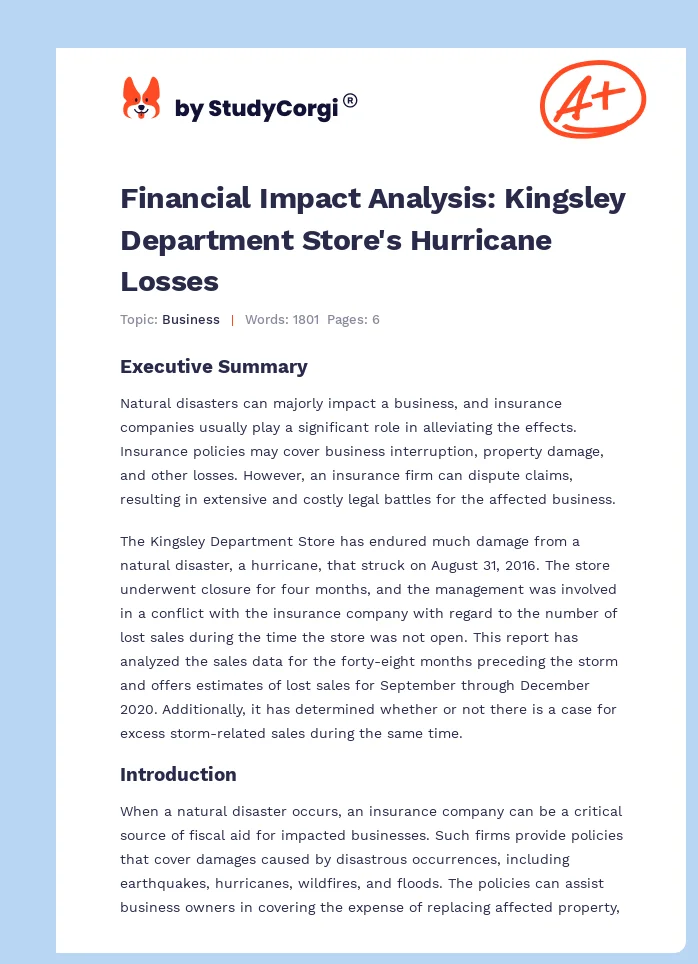 Financial Impact Analysis: Kingsley Department Store's Hurricane Losses. Page 1