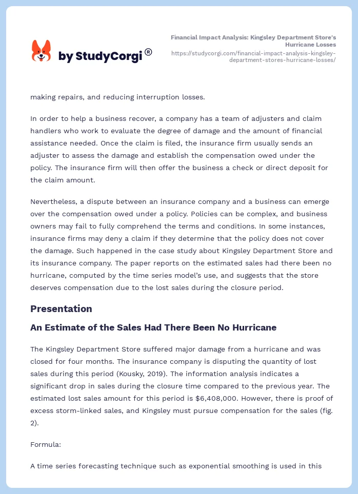 Financial Impact Analysis: Kingsley Department Store's Hurricane Losses. Page 2