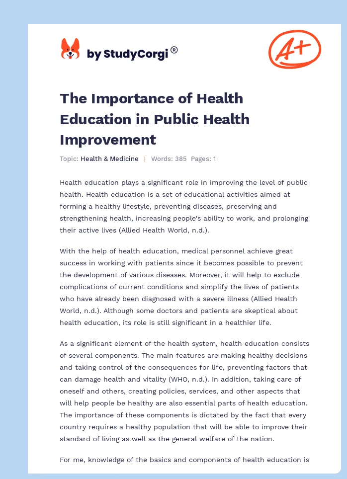 The Importance of Health Education in Public Health Improvement. Page 1