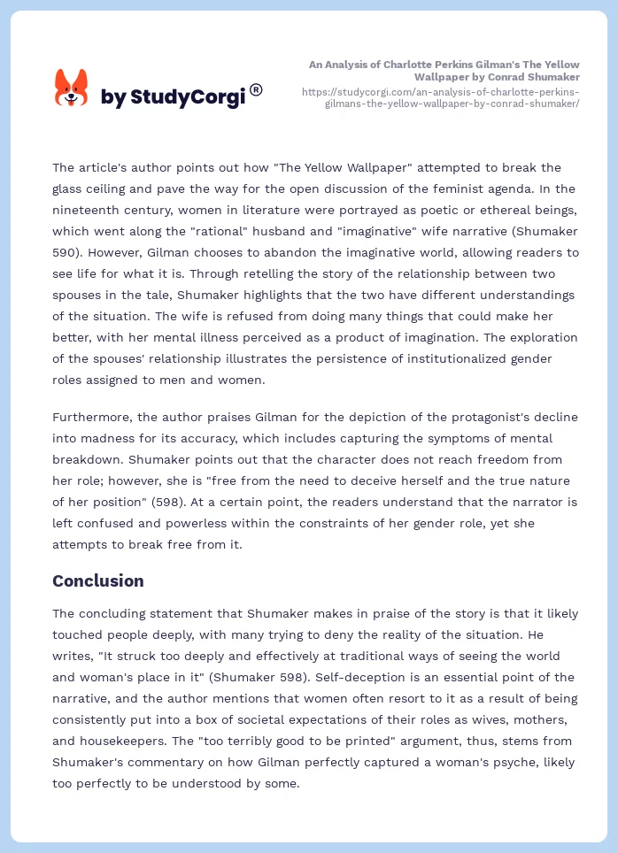 An Analysis of Charlotte Perkins Gilman's The Yellow Wallpaper by Conrad Shumaker. Page 2