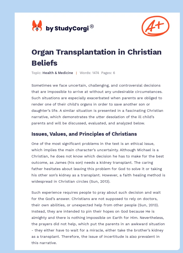 Organ Transplantation in Christian Beliefs. Page 1