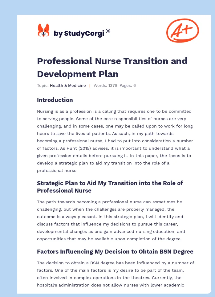Professional Nurse Transition and Development Plan. Page 1