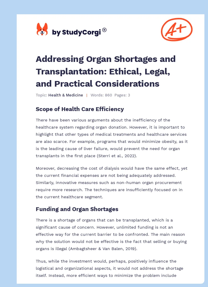 Addressing Organ Shortages and Transplantation: Ethical, Legal, and Practical Considerations. Page 1