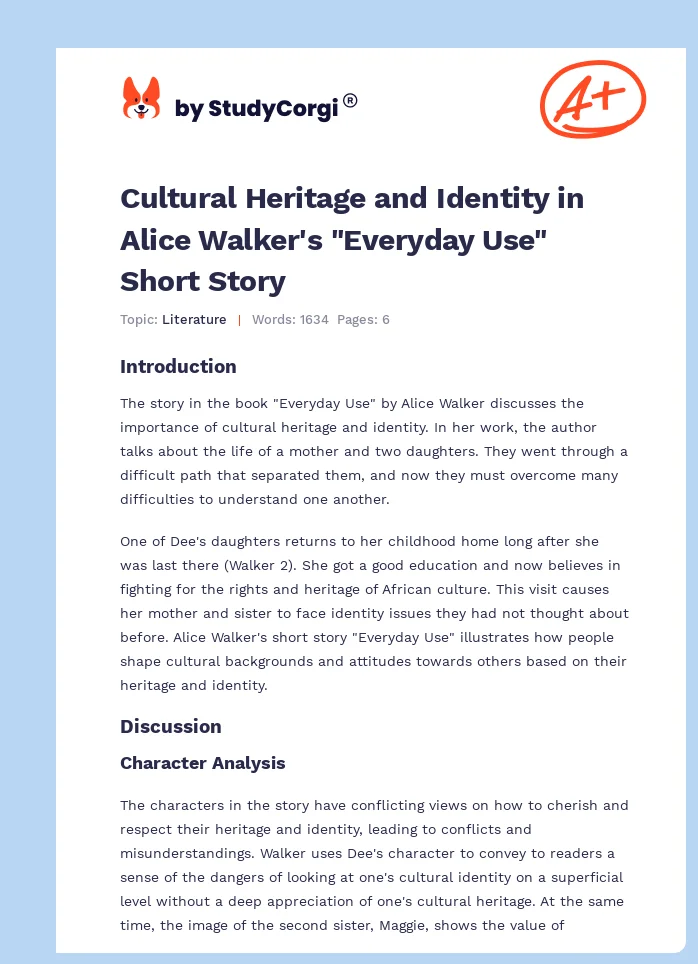 Cultural Heritage and Identity in Alice Walker's "Everyday Use" Short Story. Page 1