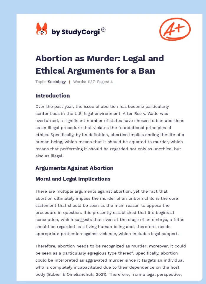 Abortion as Murder: Legal and Ethical Arguments for a Ban. Page 1